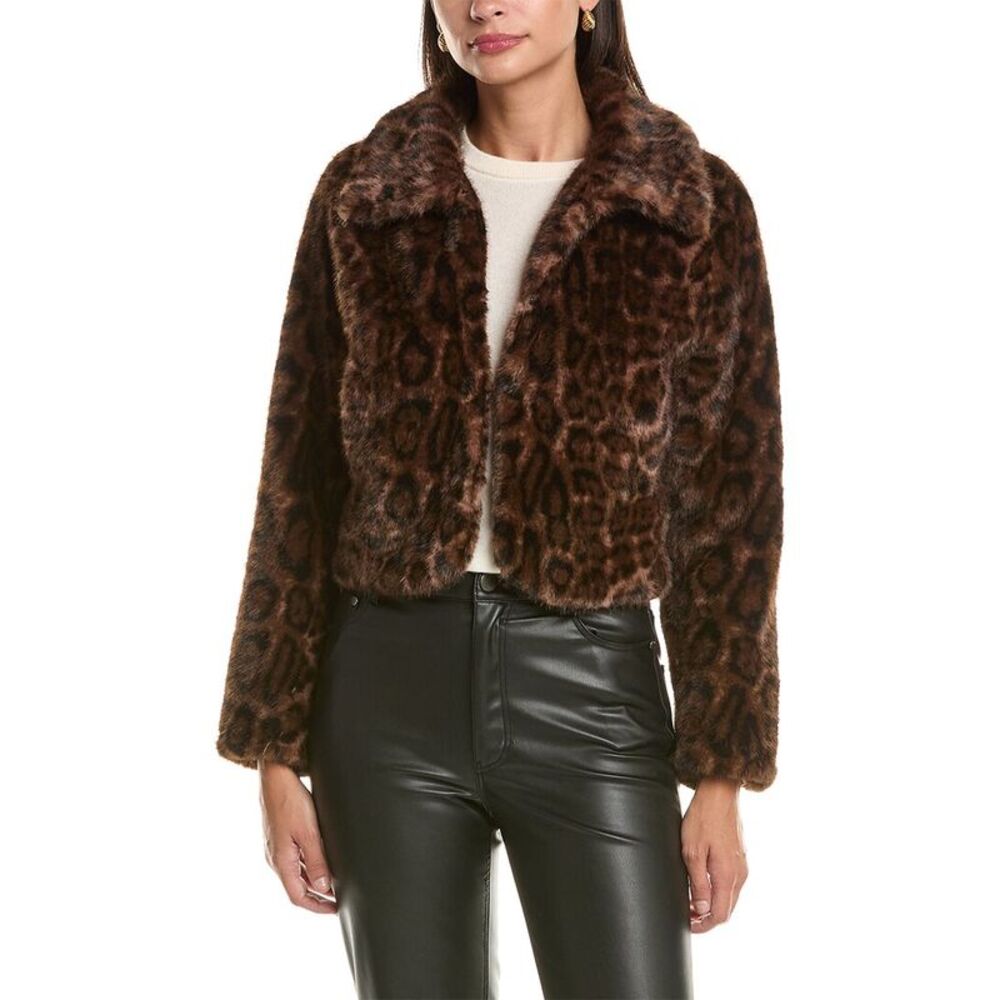 La Fiorentina Womens Leopard Faux Fur Cropped Jacket, Brown